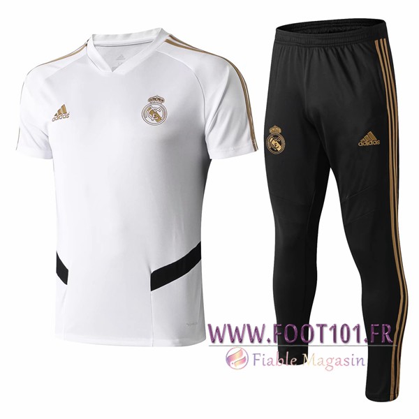 Ensemble Training T-Shirts Real Madrid + Pantalon Blanc/Noir 2019/2020