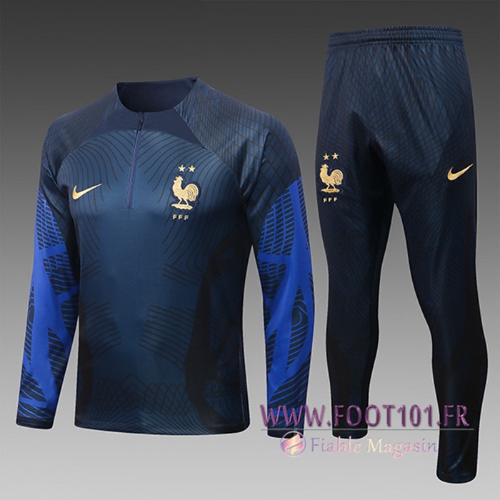 Ensemble Survetement de Foot France Enfant Pattern Bleu Marin 2022/2023